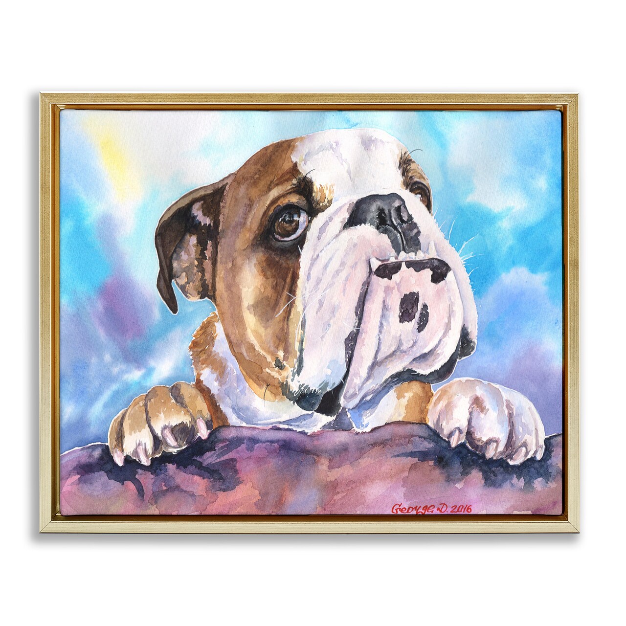 Stupell Industries English Bulldog Dog Pet Watercolor Framed Floater Canvas Wall Art